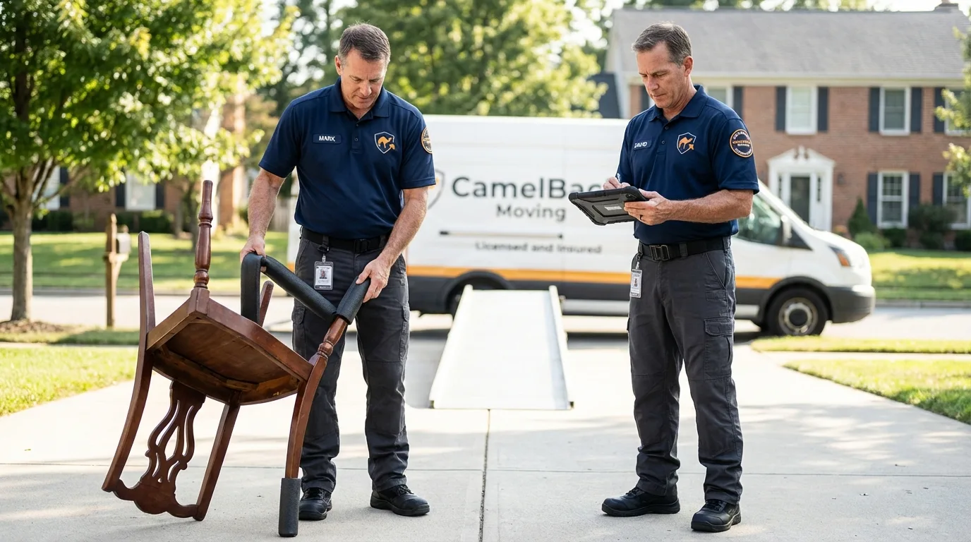 Movers inspecting furniture for damage prevention before loading in Archbald, PA
